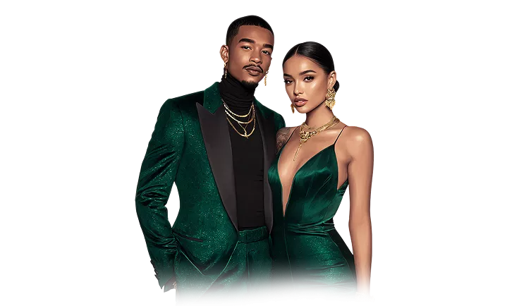 Elegant couple in green at Crown Green Casino